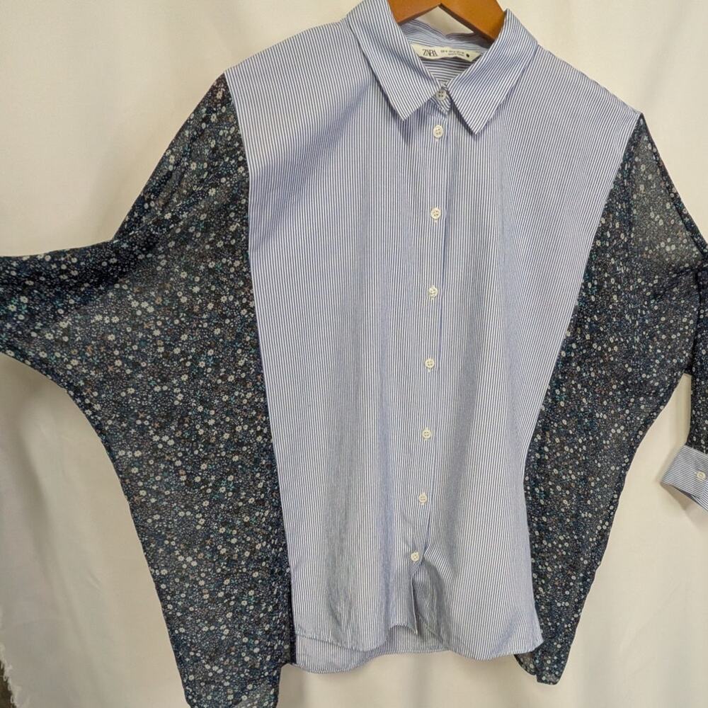 Zara Pinstripe Blue & White button down with floral batwing sleeve Medium